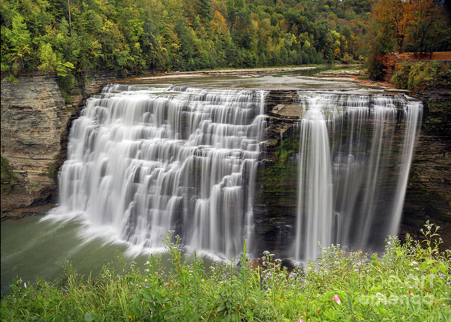 Letchworth Middle Falls in Early Autumn Photograph by Karen Jorstad