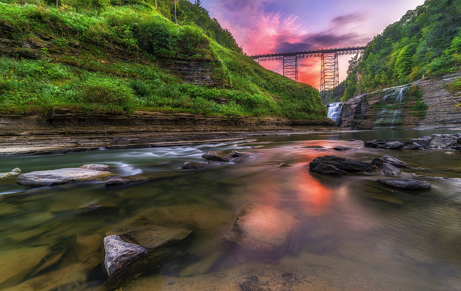 Nature Photograph - Letchworth Upper Falls At Dusk by Mark Papke