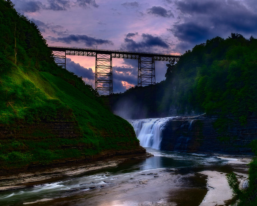 Nature Photograph - Letchworth Upper Falls at sunset by Chris Bordeleau