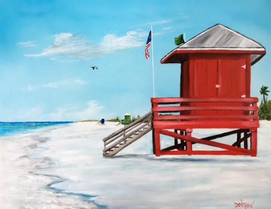 Lets Meet At The Red Lifeguard Shack Painting by Lloyd Dobson