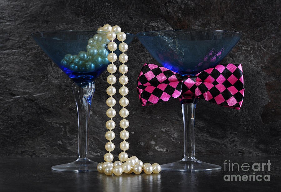 Still Life Photograph - Lets Party vintage blue martini glasses on black sla by Milleflore Images
