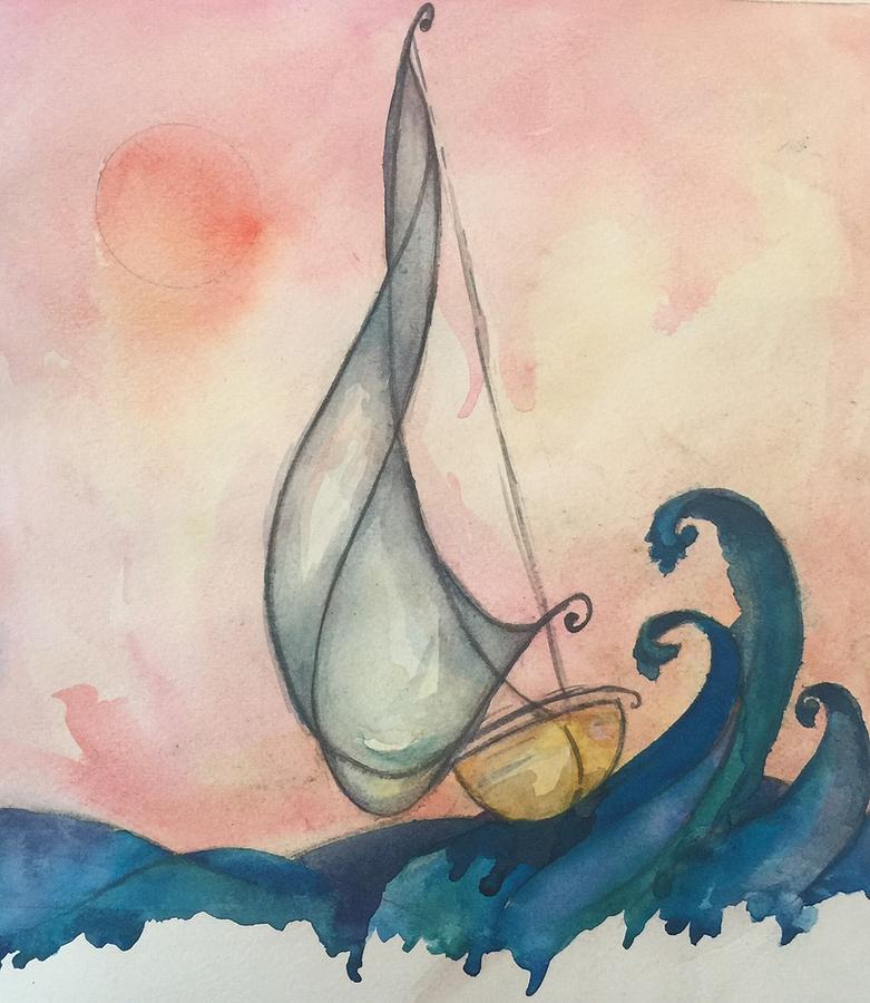 Boat Painting - Lets Sail the Ocean, Blue by Leslie Encinosa Bridges