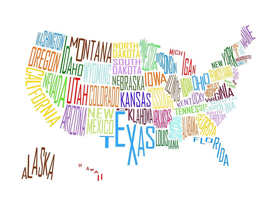 Map Digital Art - Letter Map of USA by Lobster Jimmy