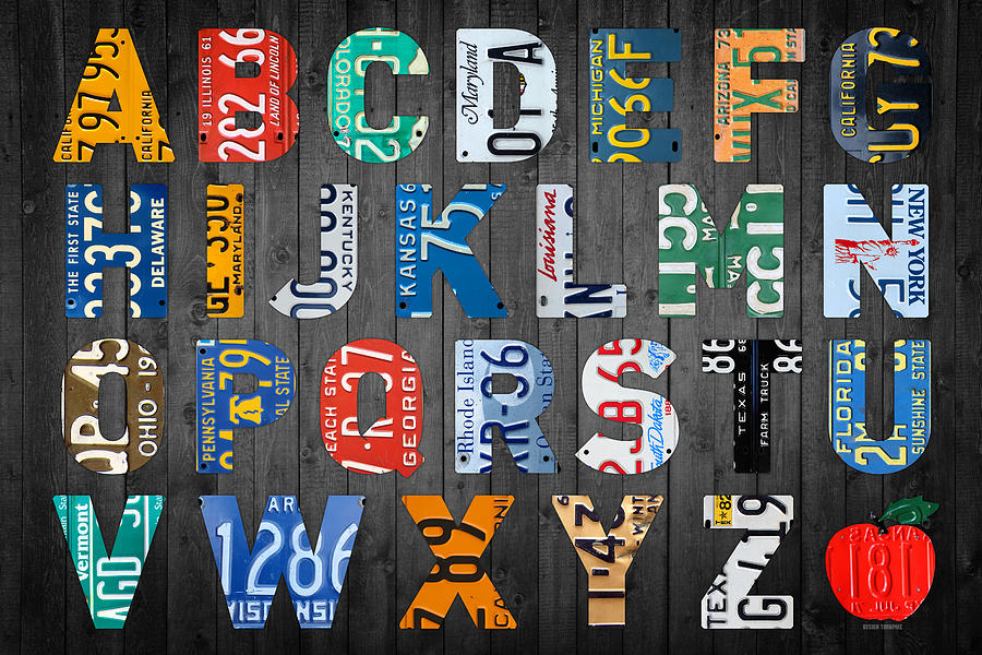 Vintage Mixed Media - Letters of the Alphabet Recycled Vintage License Plate Art with Apple Colorful School Nursery Kids Room Print by Design Turnpike