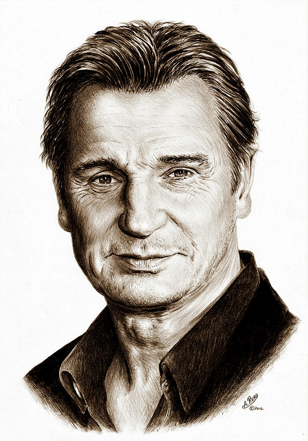 Liam Neeson Sepia Drawing by Andrew Read