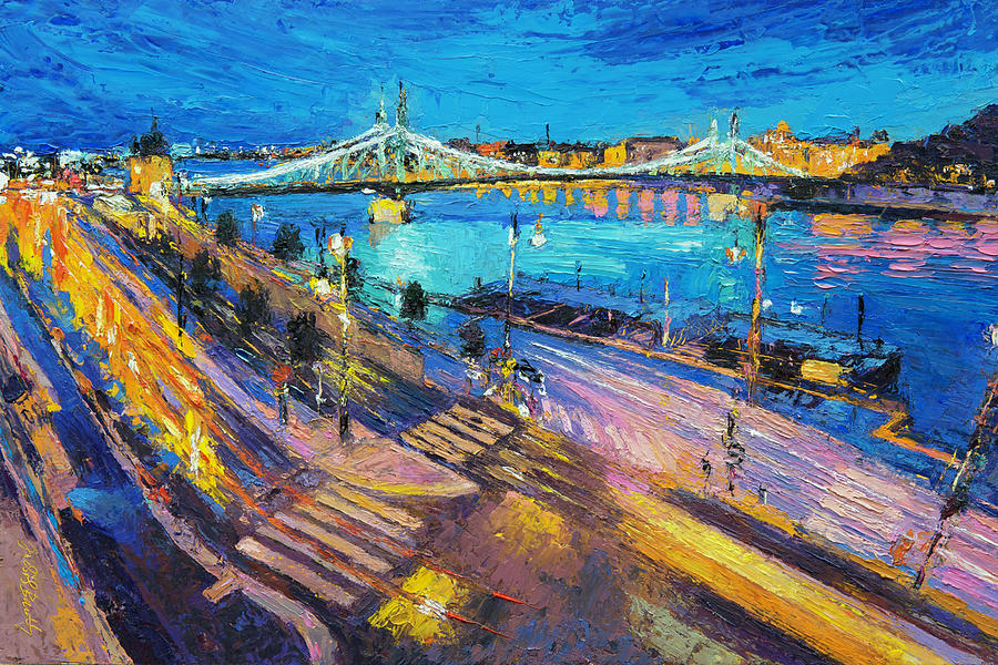 Liberty Bridge and The Danube at Night Painting by Judith Barath