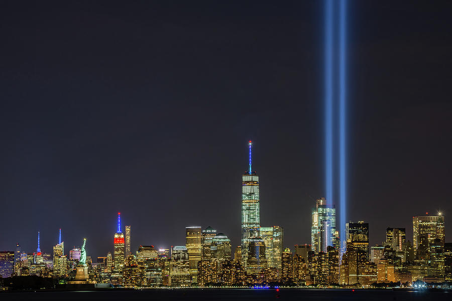 Liberty, Empire, WTC and the Tribute in Light Photograph by Mark Rogers