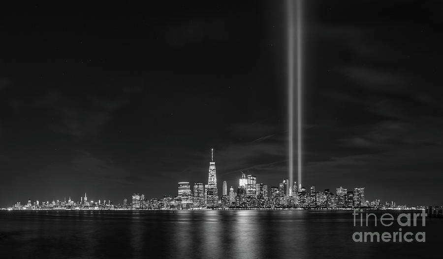 New York City Photograph - Liberty State Park Tribute In Light BW by Michael Ver Sprill