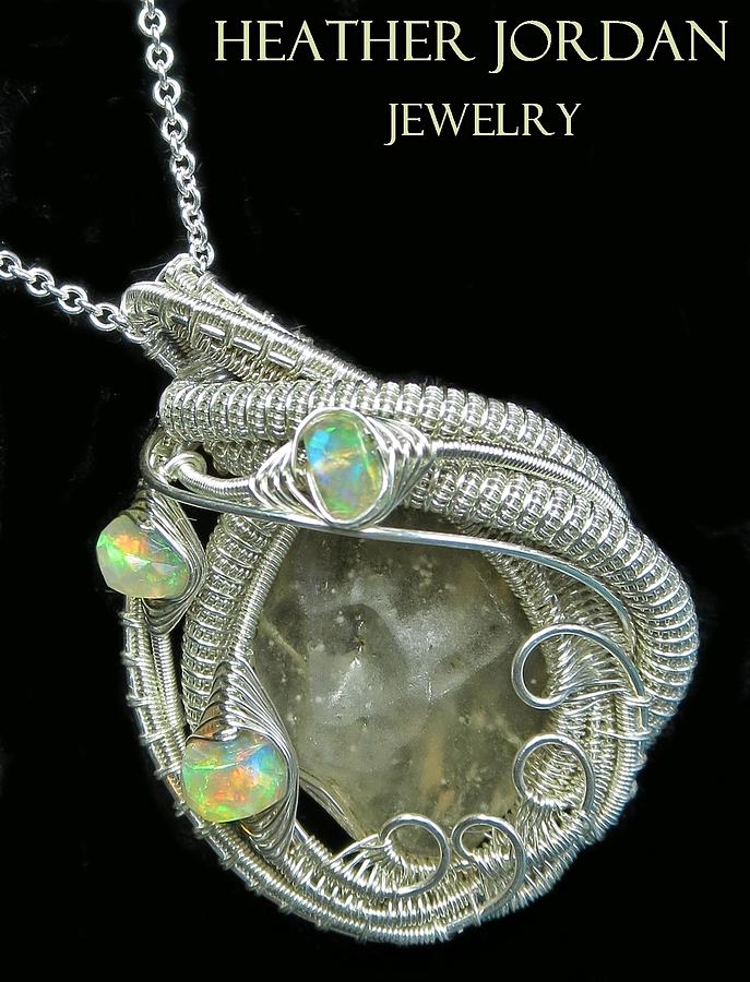 Libyan Desert Glass Wire Wrapped Pendant In Tarnish Resistant Sterling   Libyan Desert Glass Wire Wrapped Pendant In Tarnish Resistant Sterling Silver With Ethiopian Opals Heather Jordan 