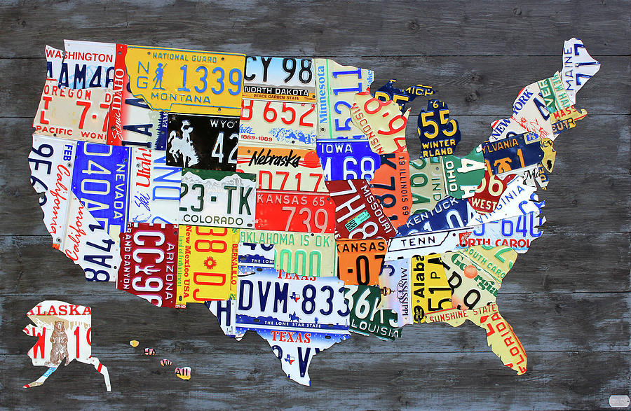 Vintage Mixed Media - License Plate Map of the United States Gray Edition 16 With Special Kodiak Bear Alaska Plate by Design Turnpike