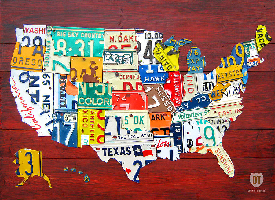 Vintage Mixed Media - License Plate Map of The United States - Midsize by Design Turnpike