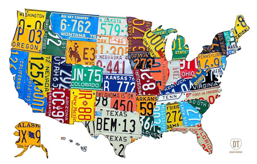 Vintage Mixed Media - License Plate Map of The United States Outlined by Design Turnpike