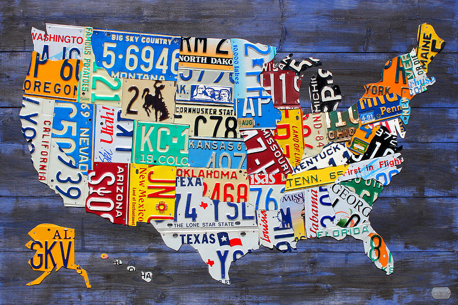 Map Mixed Media - License Plate Map of the USA on Blue Wood Boards by Design Turnpike