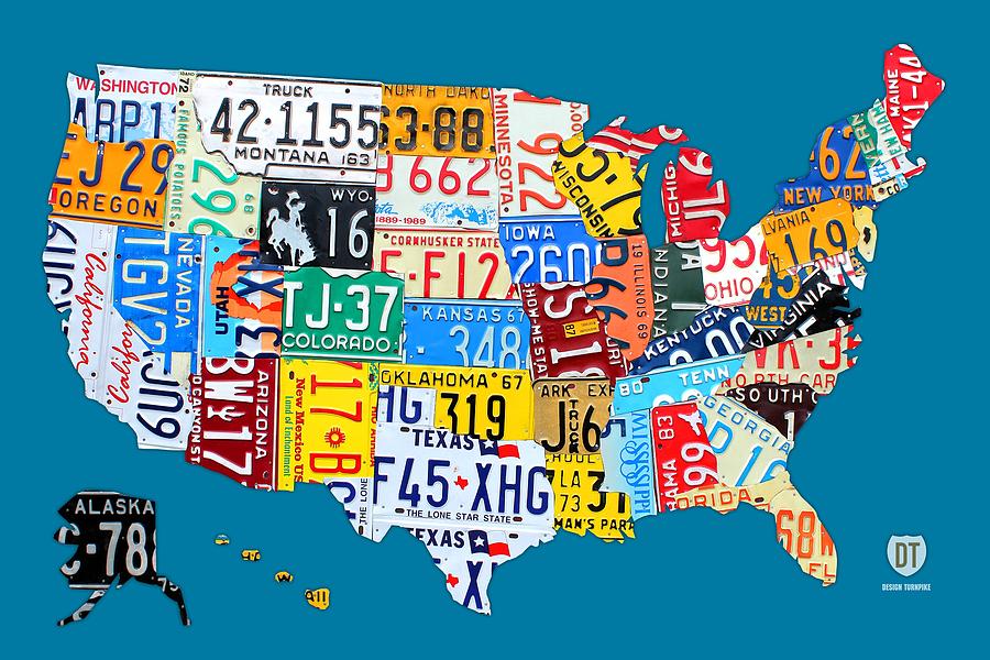 Car Mixed Media - License Plate Map of the USA on Royal Blue by Design Turnpike