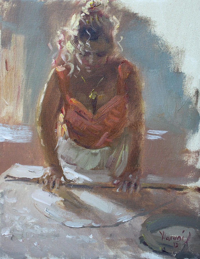 Girl Painting - Lida Making Pie by Ylli Haruni