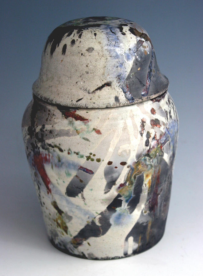 Lidded Raku Jar VIew 2 Ceramic Art by Alene Sirott-Cope