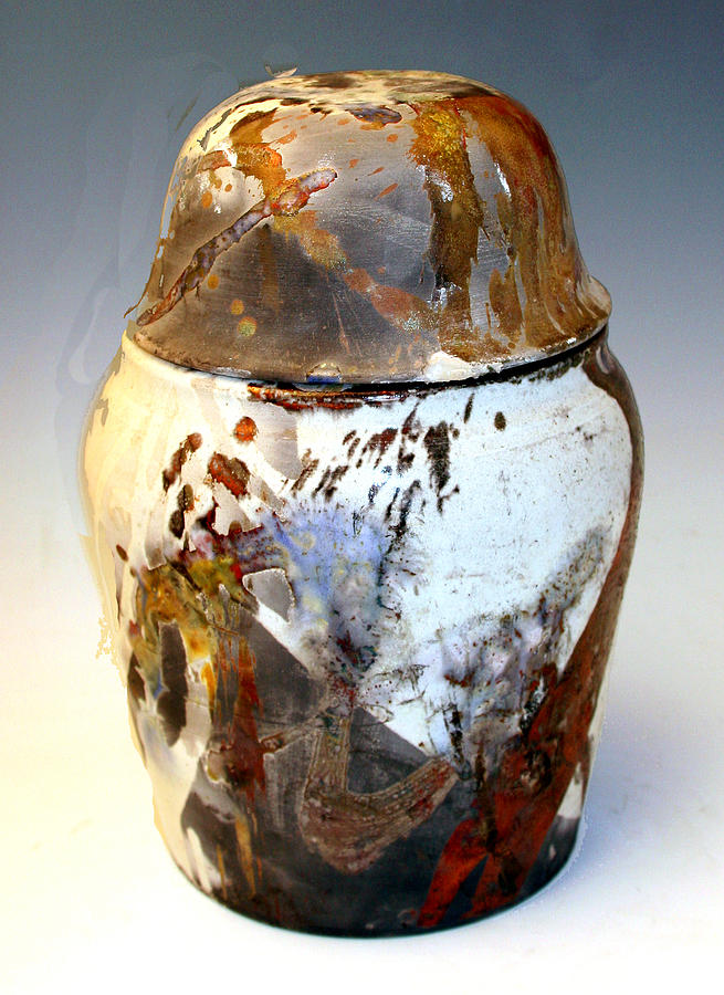 Lidded Raku Jar View 3 Ceramic Art by Alene Sirott-Cope