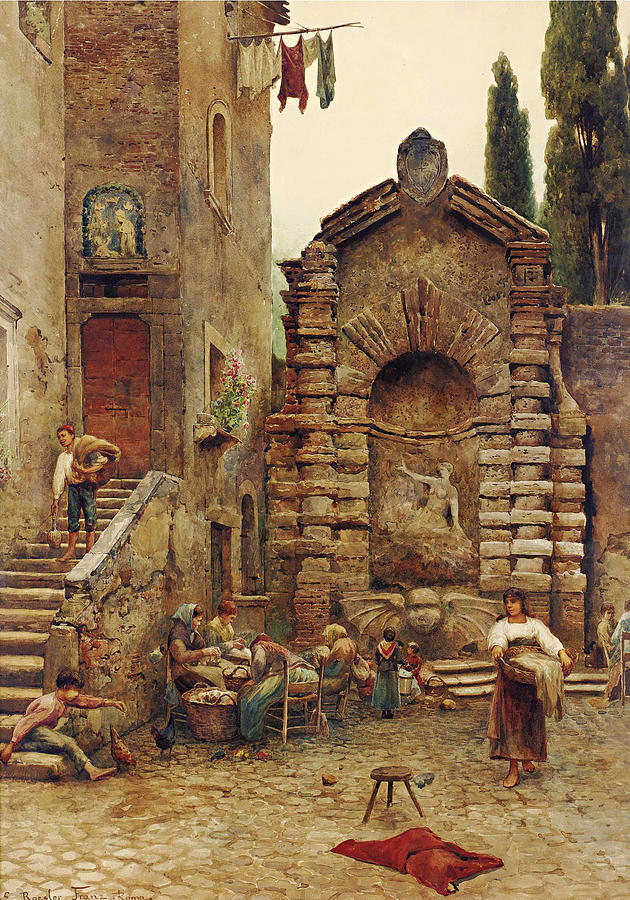 Life in a Roman Courtyard Drawing by Ettore Roesler Franz
