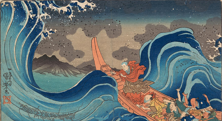 Life of Nichiren. A Vision of Prayer on the Waves Drawing by Utagawa Kuniyoshi
