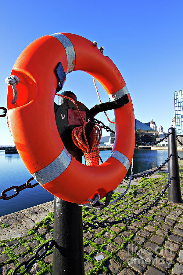 Architecture Photograph - Lifebelt next to Salthouse Dock on the Liverpool waterfront by Ken Biggs