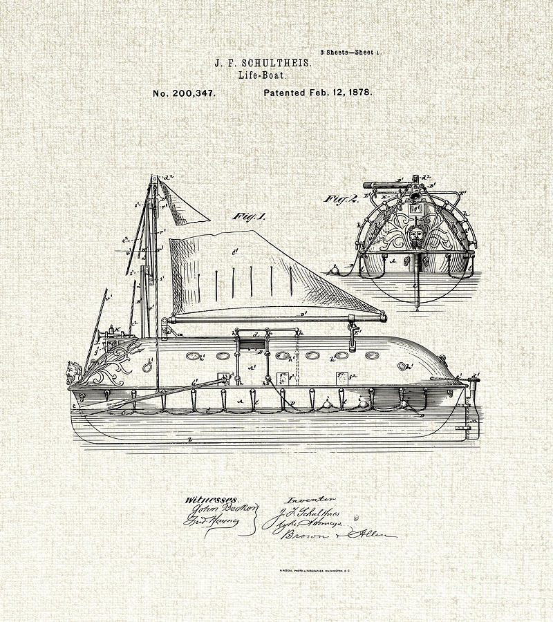 Lifeboat Patent Artwork - Boat Patent Drawing from 1878 Mixed Media by Kithara Studio