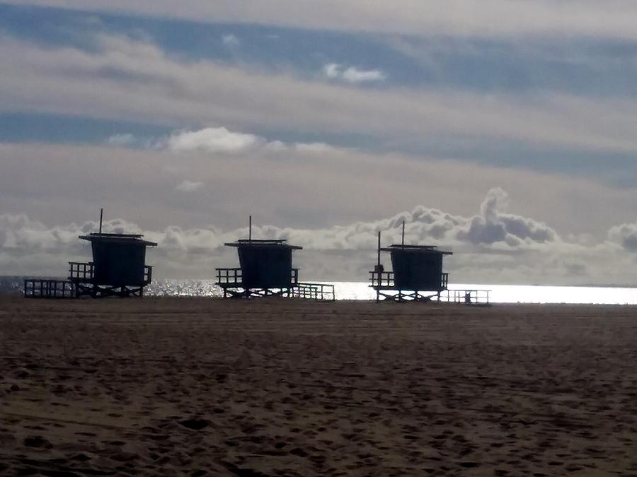 Sunset Photograph - Lifeguard Towers on Venice Beach by Sin Lanchester