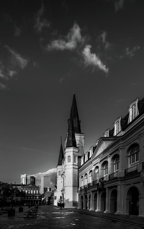 Light On Saint Louis Cathedral In Black and White Photograph by Greg and Chrystal Mimbs