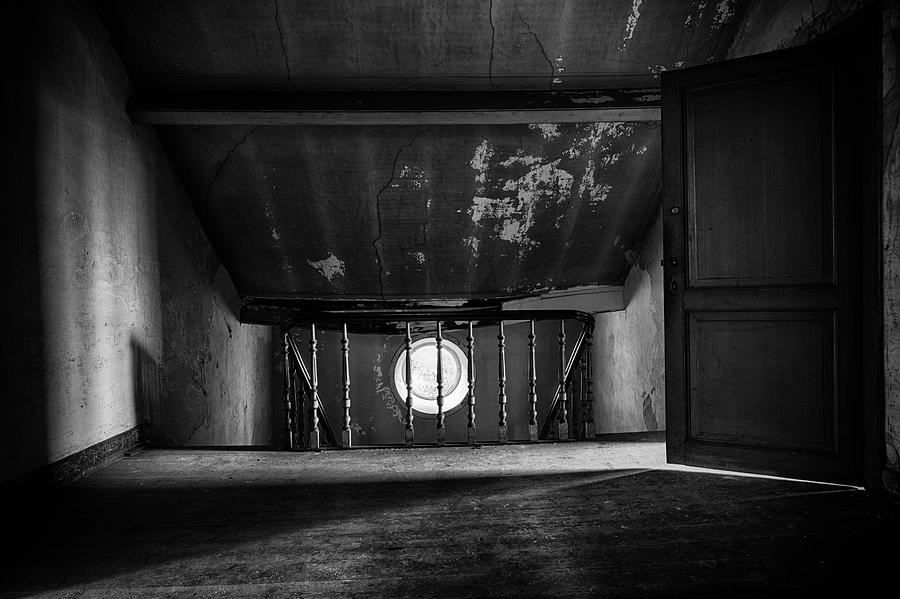Light on the attic - abandoned building BW Photograph by Dirk Ercken