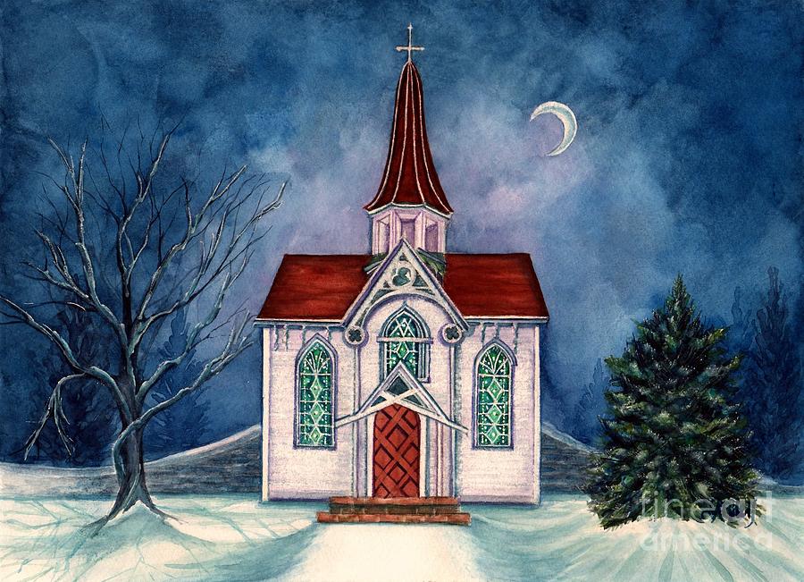 Light Shines On - Winter Country Church Painting by Janine Riley