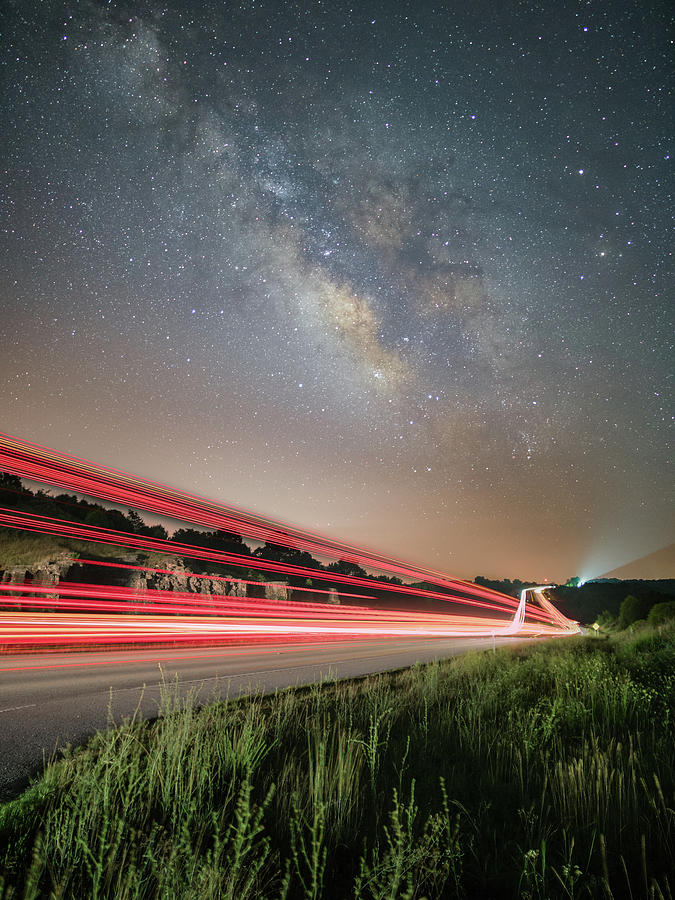 Light Trails  and Milky Way Over Cricket Creek Bridge Photograph by Hal Mitzenmacher