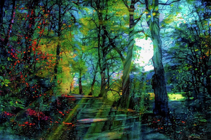 Lightbeam in the woods Mixed Media by Lilia S