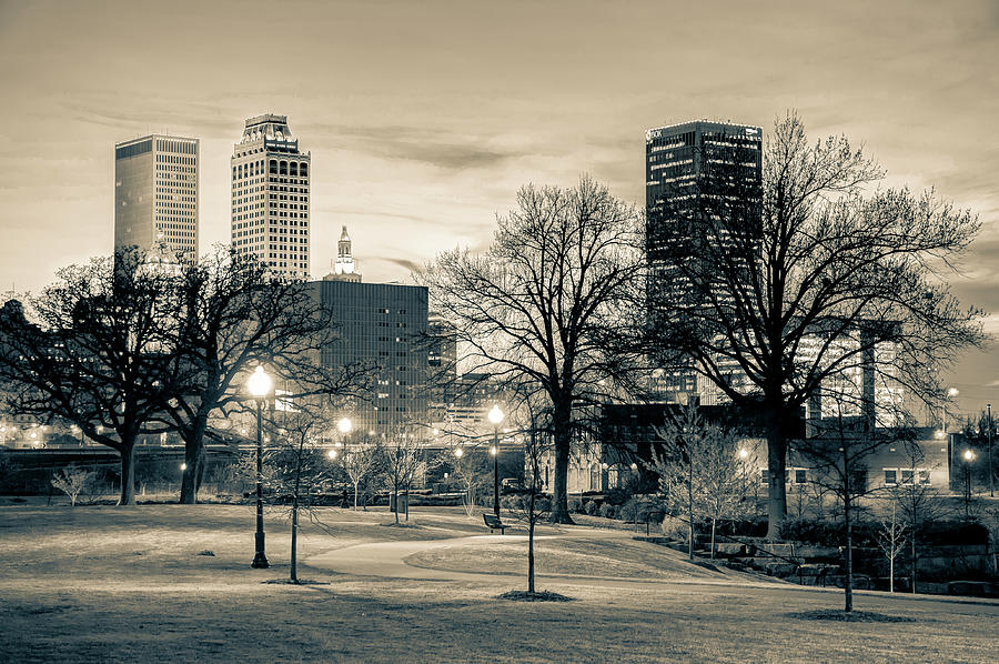 Skyscraper Photograph - Lighted Walkway to the Tulsa Oklahoma Skyline in Sepia by Gregory Ballos