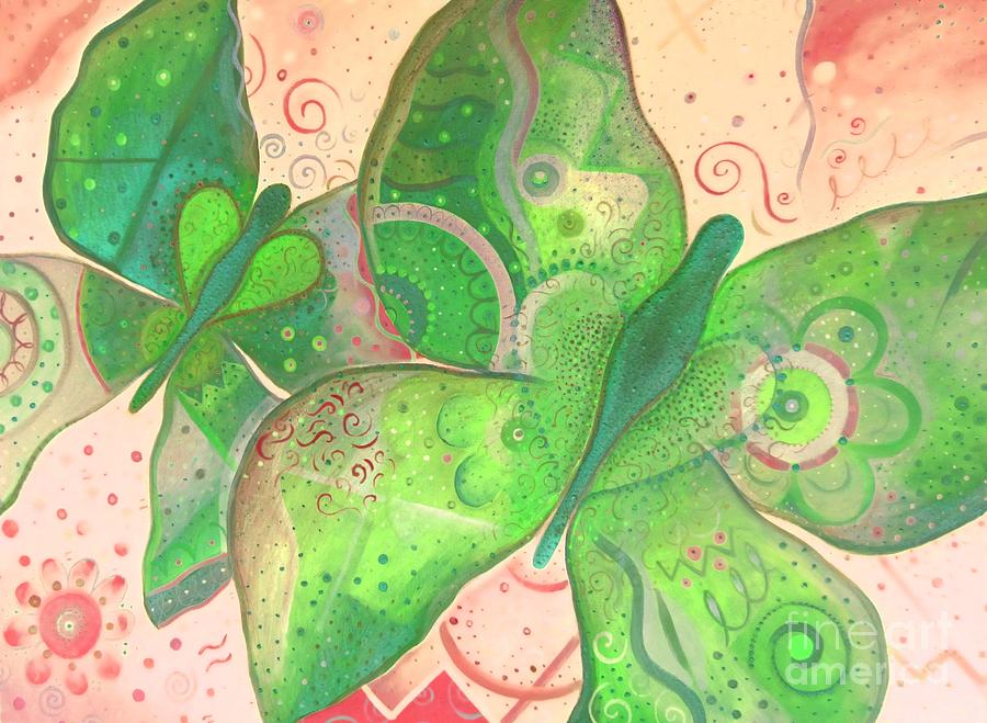 Butterfly Painting - Lighthearted In Green On Red by Helena Tiainen