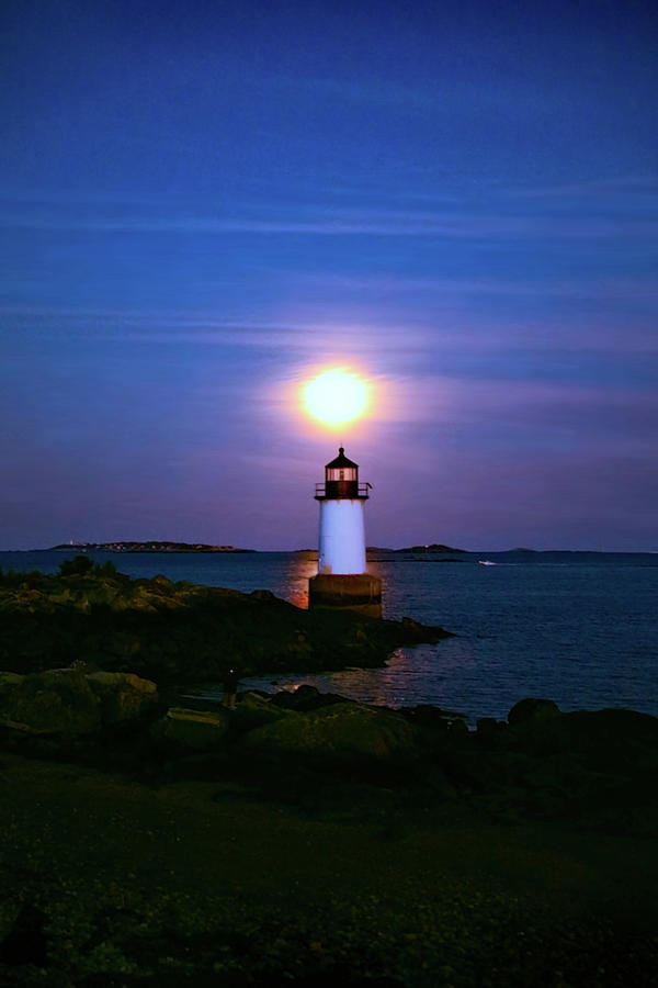 Lighthouse and Full Moon Photograph by Lilia S