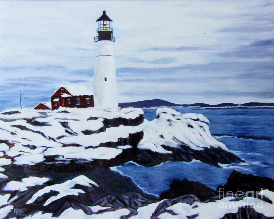 Lighthouse and Ocean Painting by Nancy Rucker
