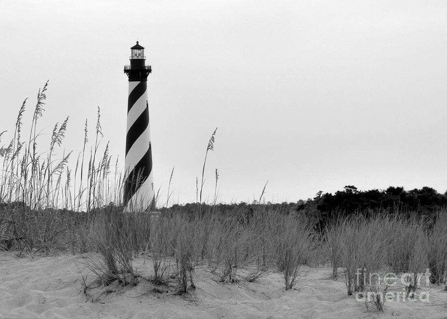 Lighthouse and Sea Oats Black and White Photograph by Jean Wright