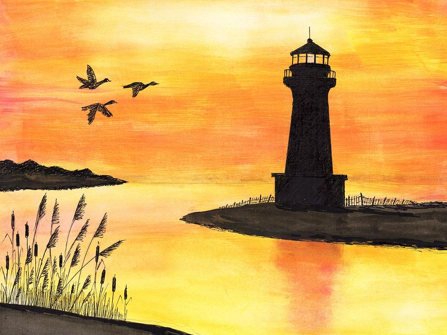 lighthouse silhouette painting