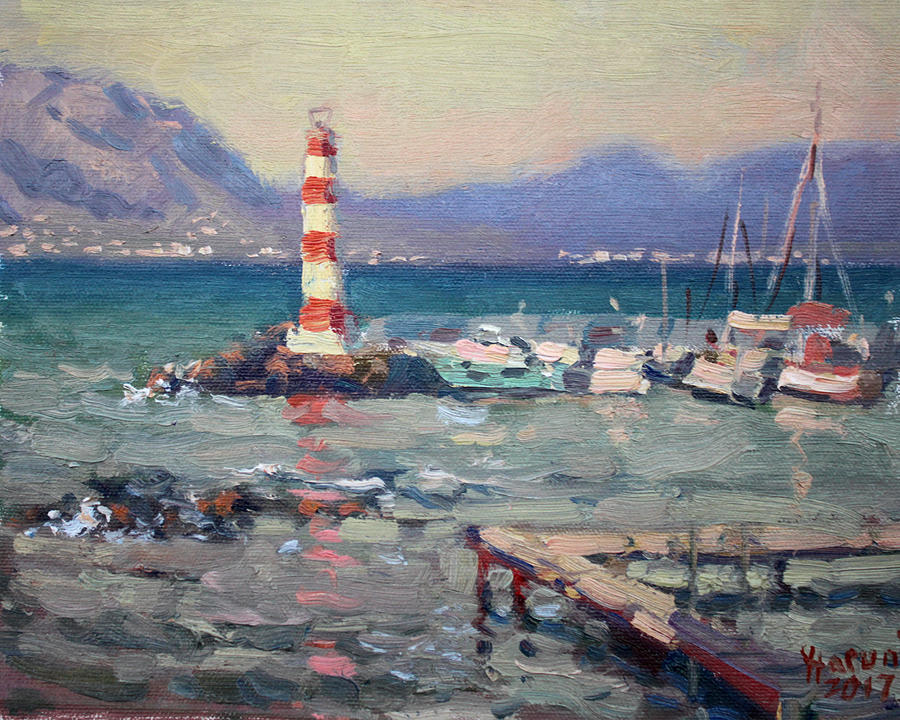 Sunset Painting - Lighthouse at Dilesi Harbor Greece by Ylli Haruni