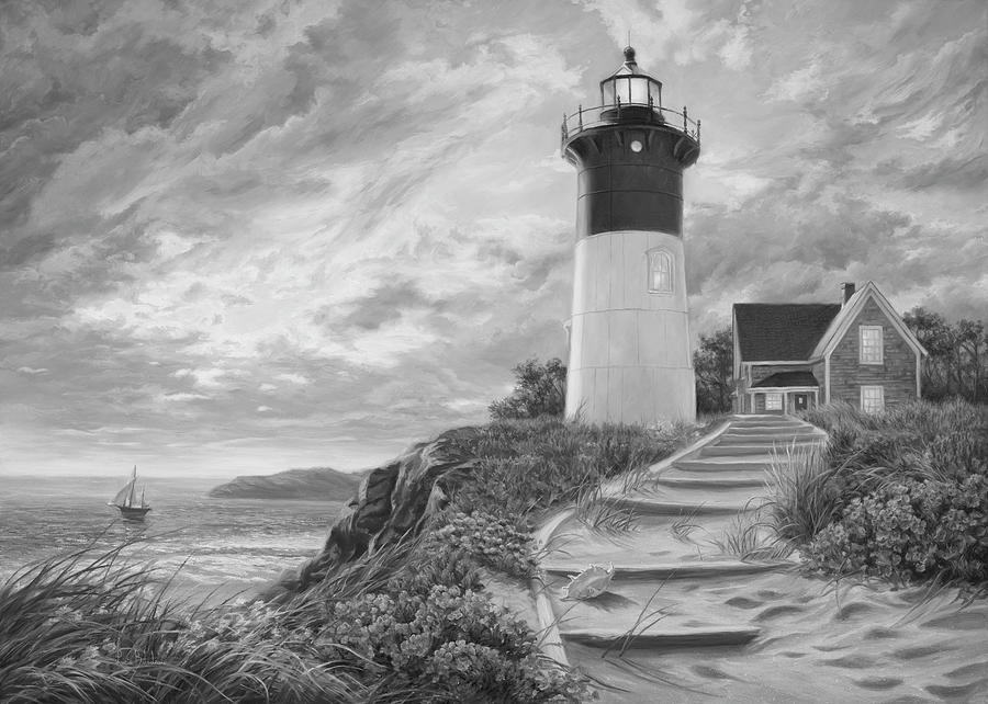 Beach Painting - Lighthouse at Sunset - Black and White by Lucie Bilodeau