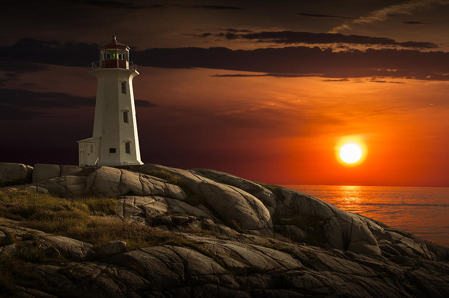 Vintage Photograph - Lighthouse at Sunset in the Peggys Cove by Randall Nyhof