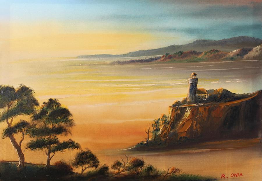 Lighthouse at Sunset Painting by Remegio Onia