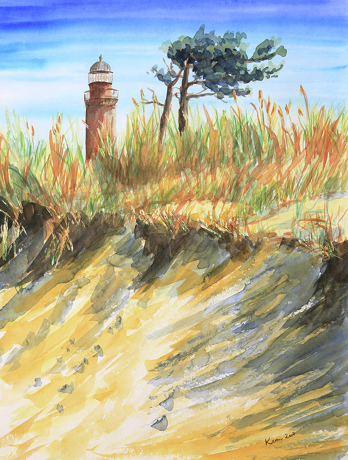 Lighthouse at the beach Painting by Karen Kaspar