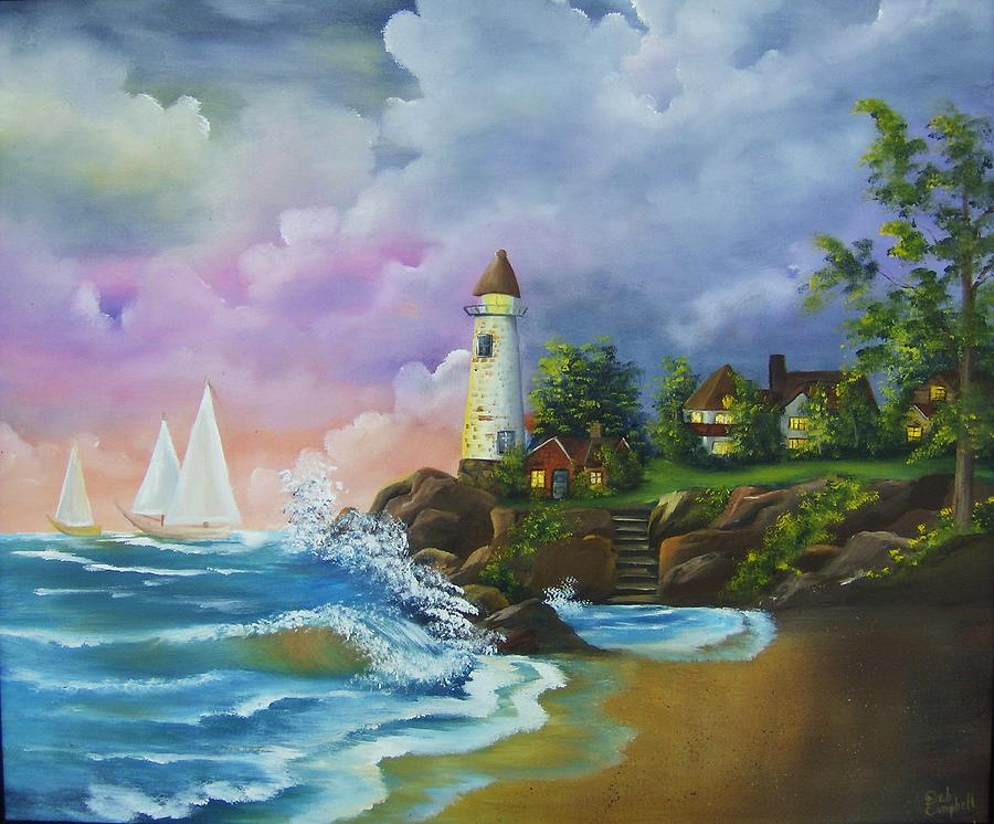 Lighthouse by the Village Painting by Debra Campbell