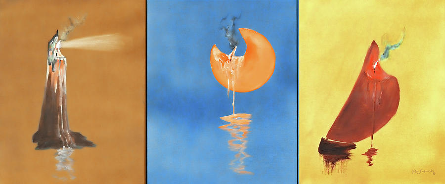 Lighthouse Full Moon Sailboat Alt Painting by Ken Figurski