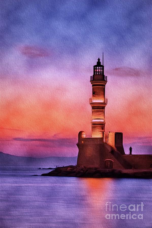 Lighthouse, Greece, Sunset Painting by Esoterica Art Agency