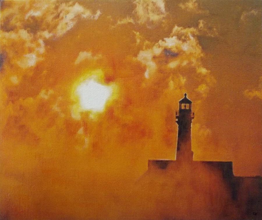 Lighthouse in Mist Painting by Cara Frafjord