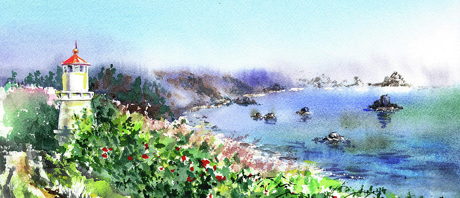Summer Painting - Lighthouse Landscape Watercolor by Irina Sztukowski
