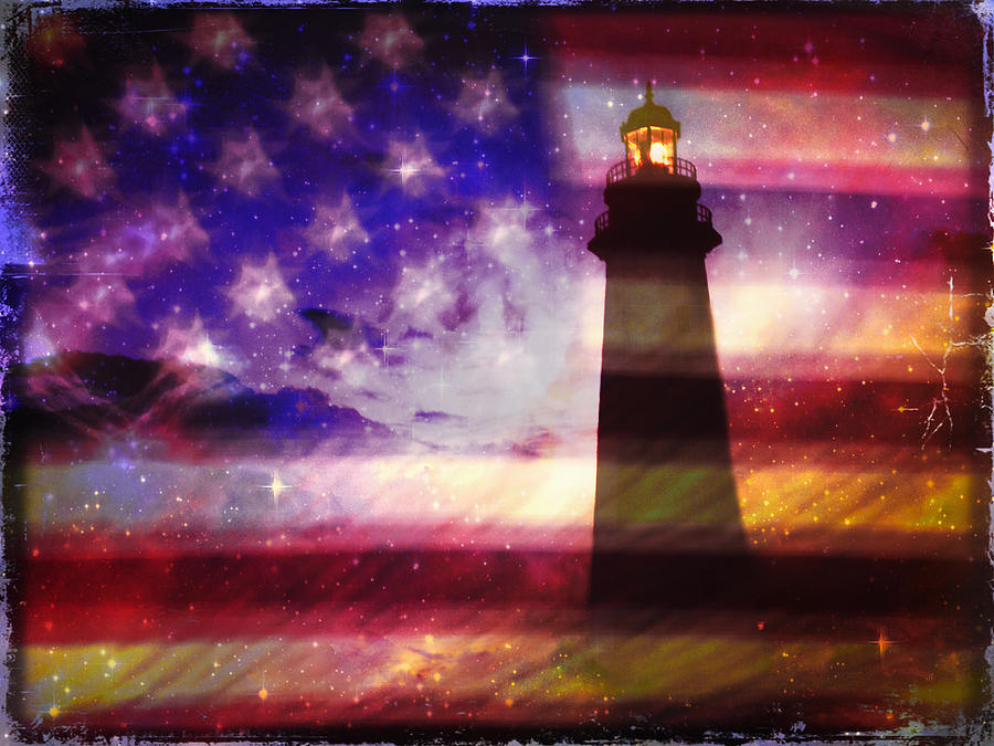Lighthouse on American Flag Photograph by Skip Nall