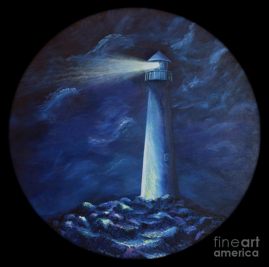 Lighthouse on Round Canvas Painting by Liesl Walsh