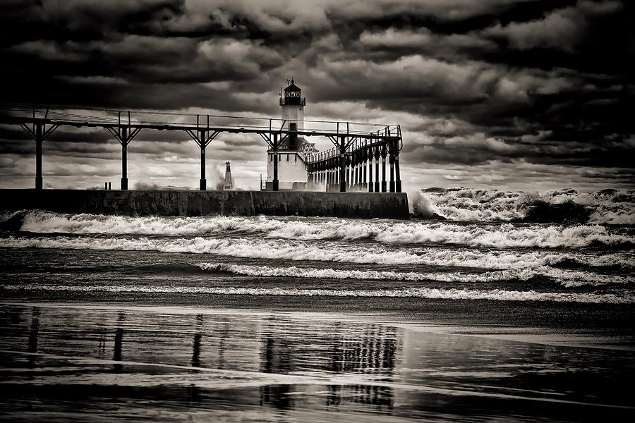 Lighthouse Reflections in Black and White Photograph by Scott Wood